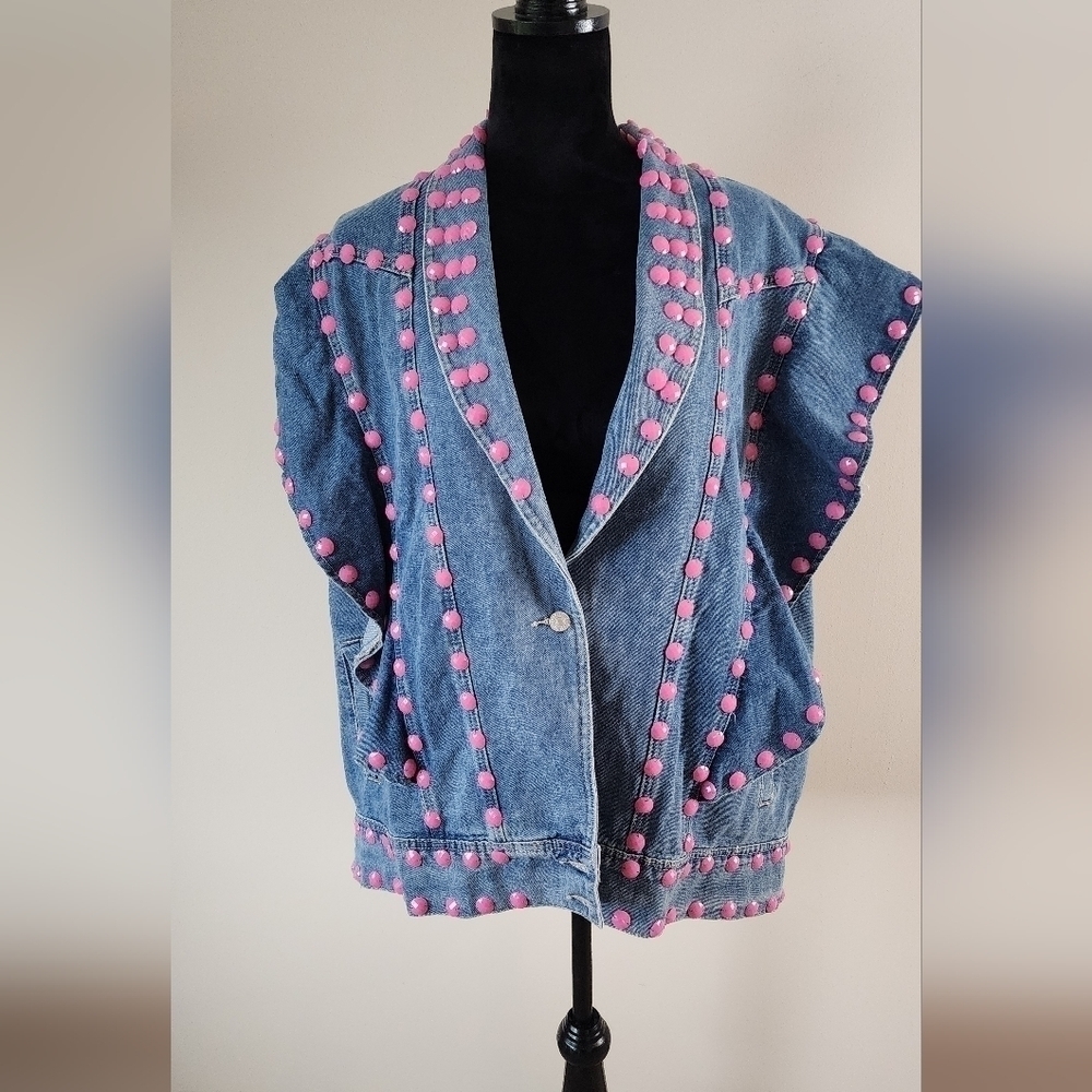 Denim Vest with Pink Pom-Pom Trim - Women's Jean Jacket